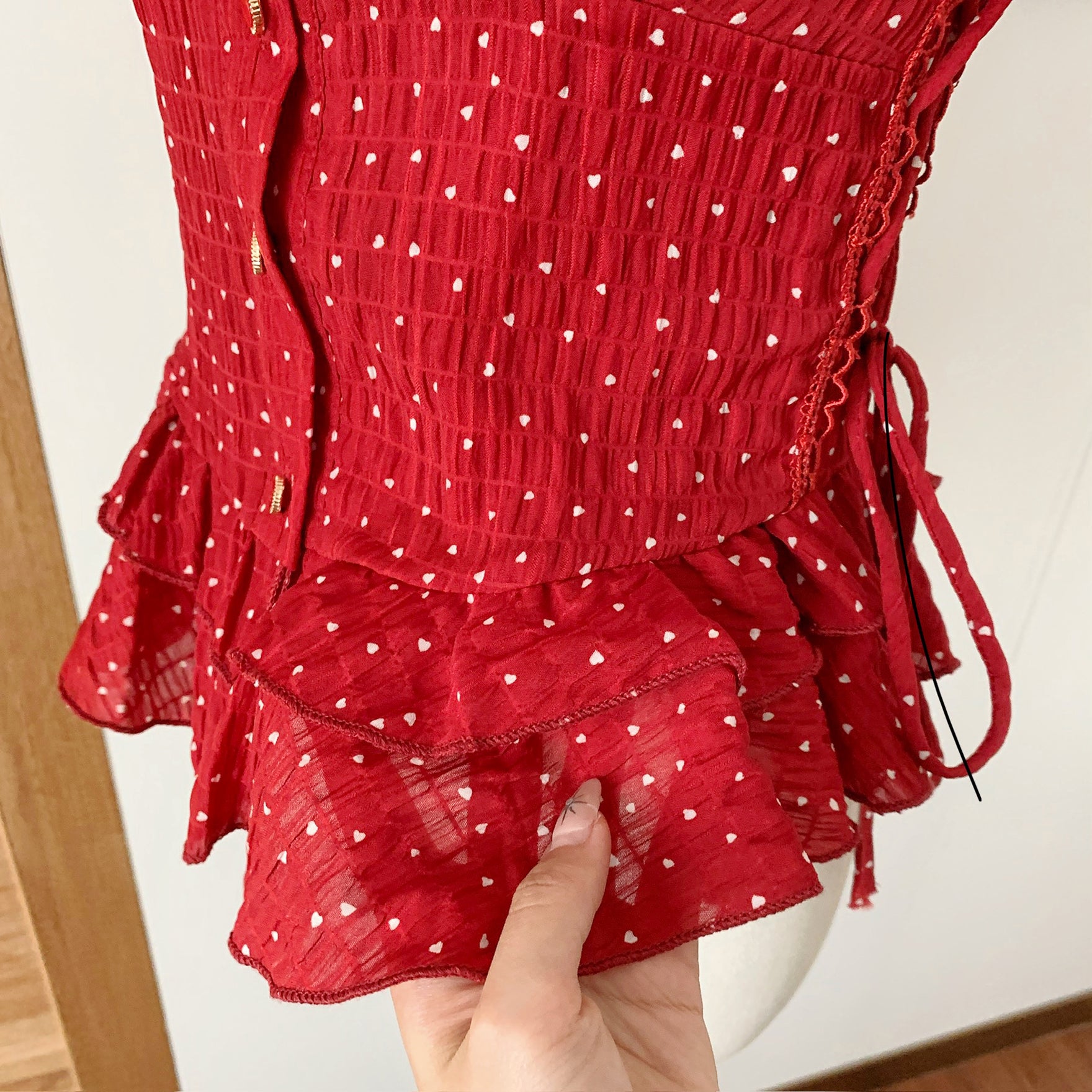 紅色圓領花邊點點上衣-25505