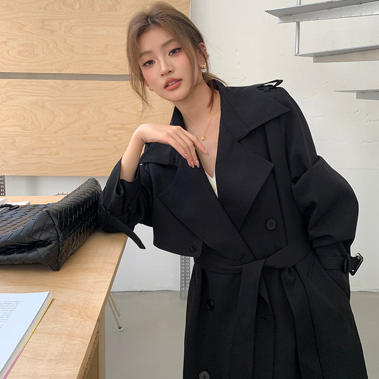 許我耀眼黑色繫帶長風衣-25644