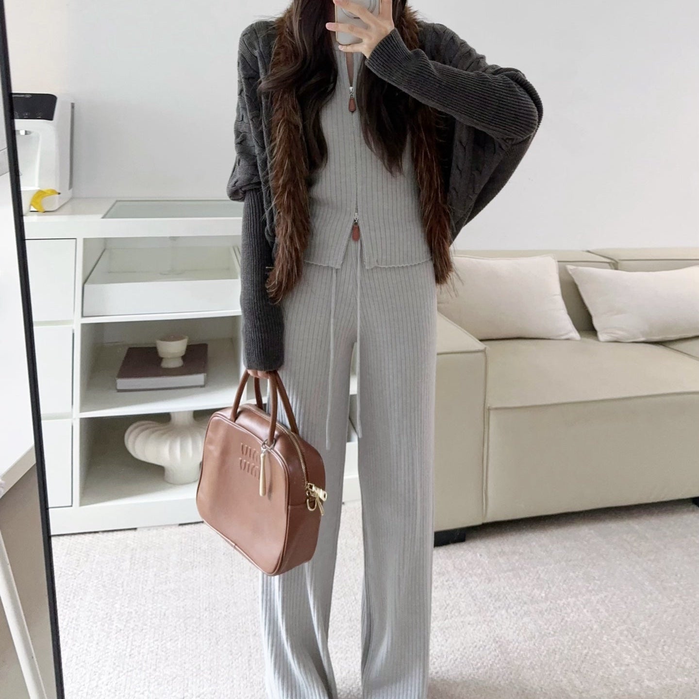 拉鍊坑條針織外套鬆緊高腰直筒長褲套裝-25676