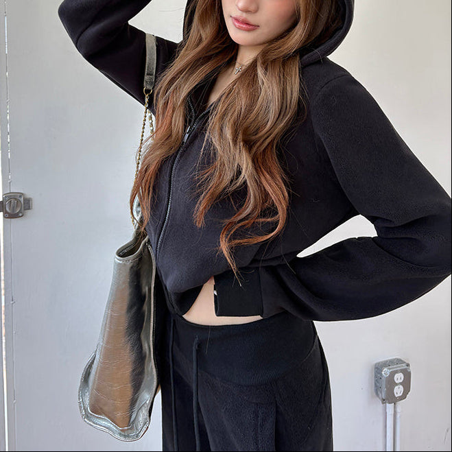 黑廠潮流搖粒絨連帽外套微喇褲兩件套-25640