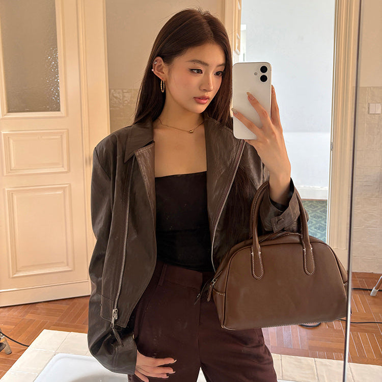 辣妹棕色PU皮夾克-25665