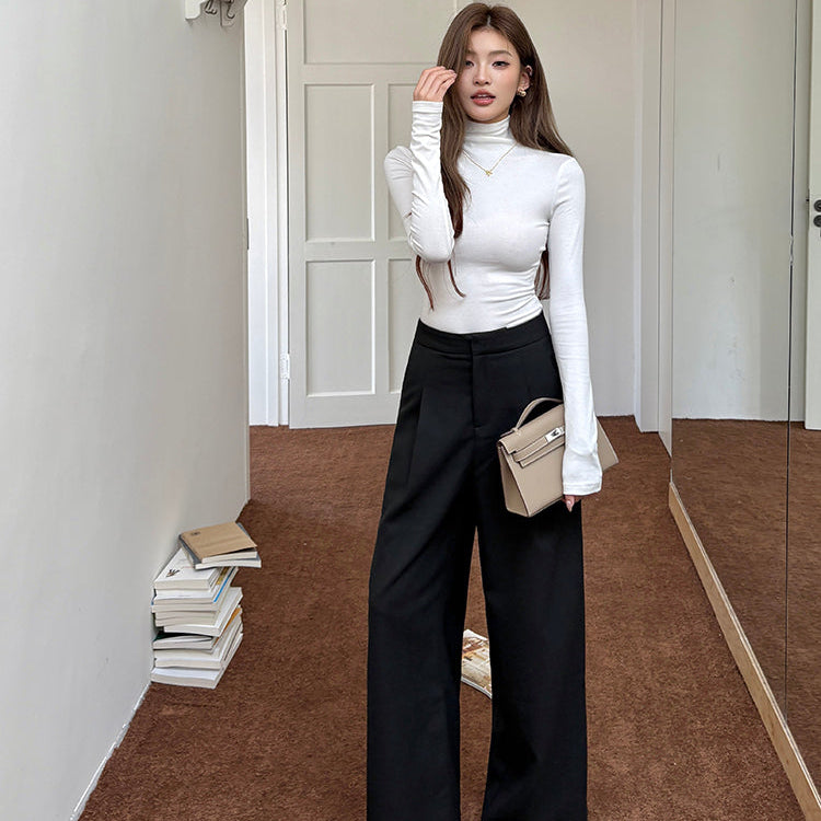 咖色高腰寬鬆落地西裝褲-25649