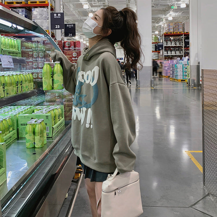 GOOD LUCK美式復古加絨連帽衛衣-25629