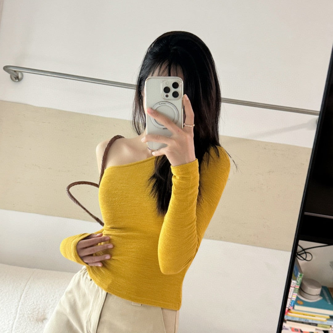 小太陽黃色斜肩上衣-25573