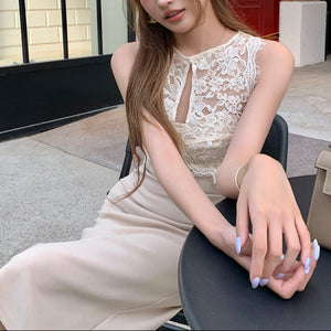 曾追憶杏色蕾絲拼接鏤空長洋-25284