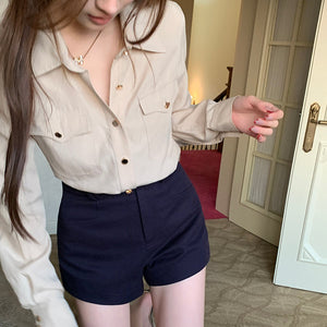 杏色口袋金扣襯衫-25536