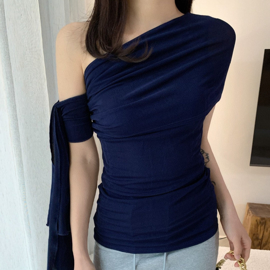 女人香深藍飄帶露肩上衣-25578