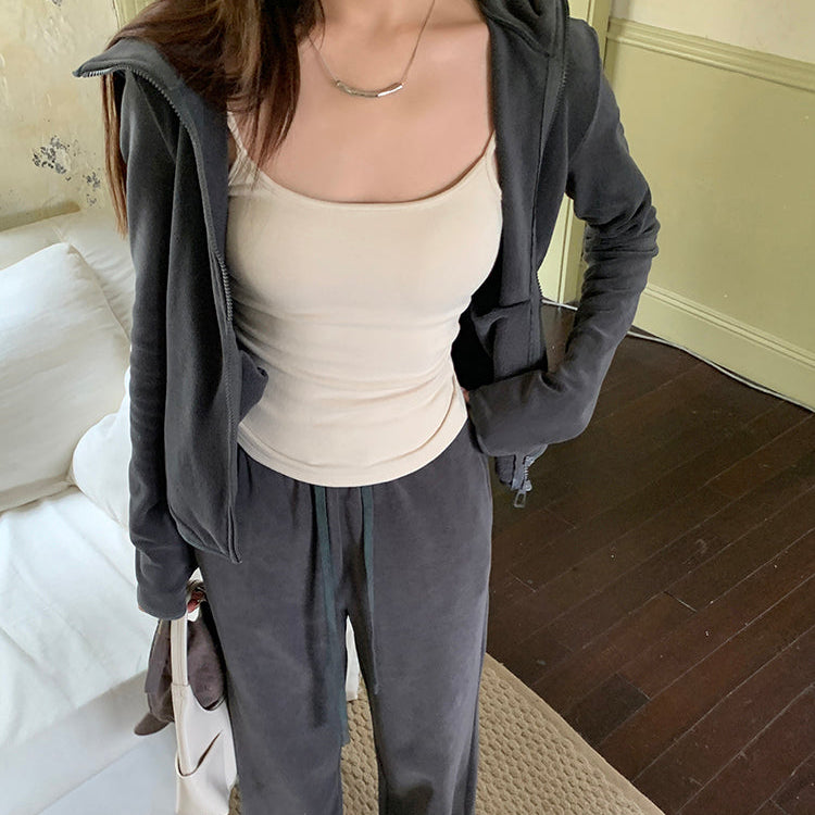 深灰絨面連帽外套垂感直筒褲兩件套-25630