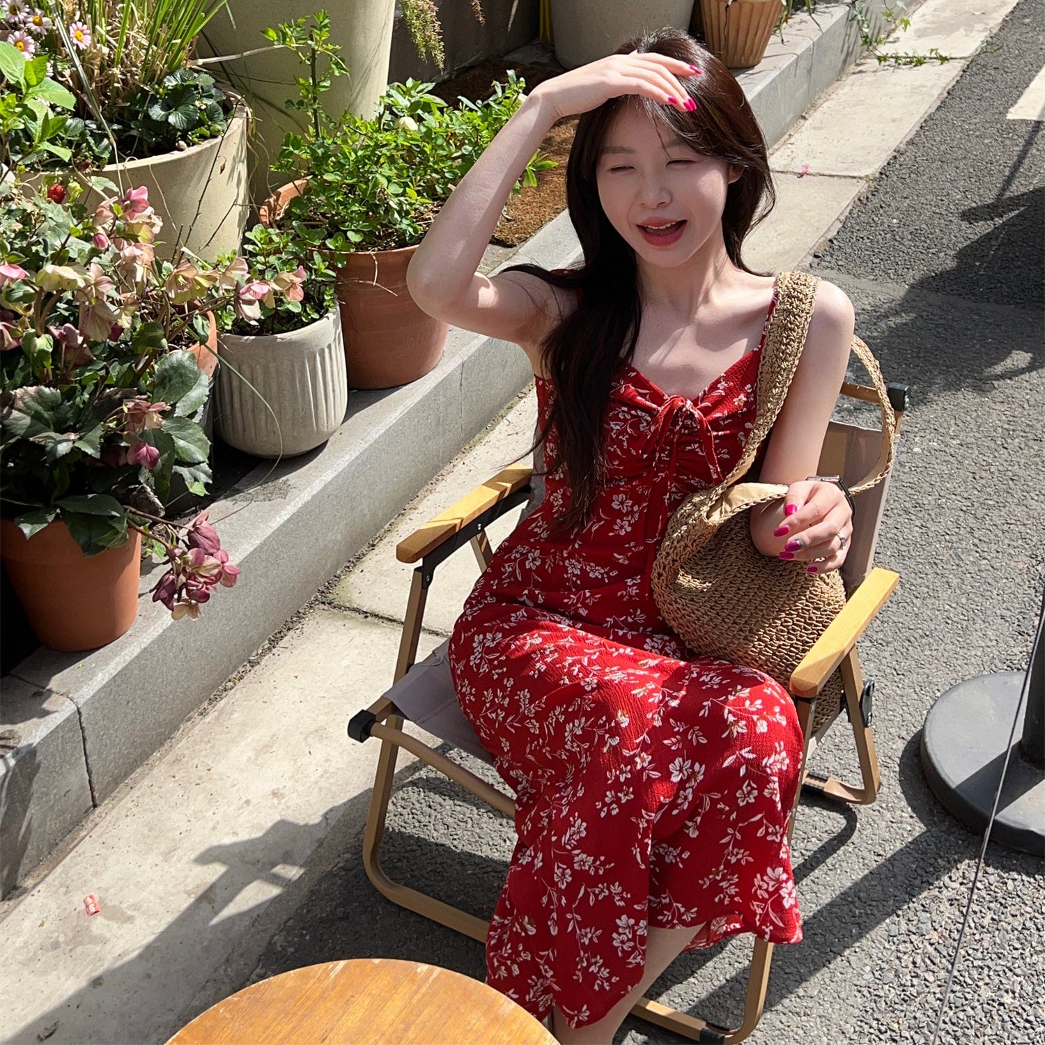 紅色碎花海邊度假沙灘長洋-25300