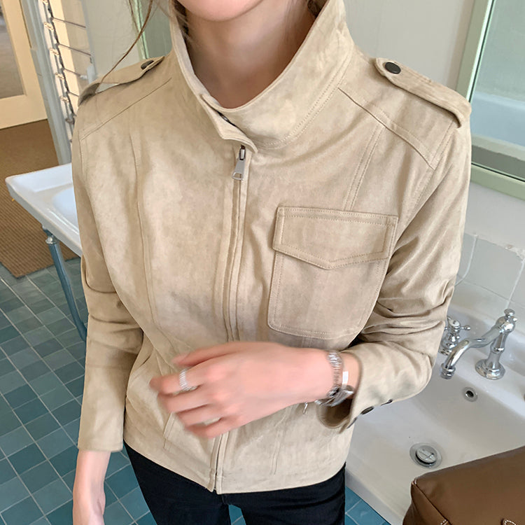 美式懷舊牛皮絨短夾克-25651