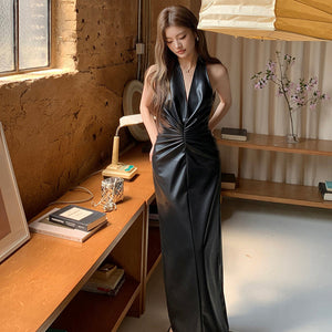 美艷巫女深V掛脖抓皺皮長洋-25241