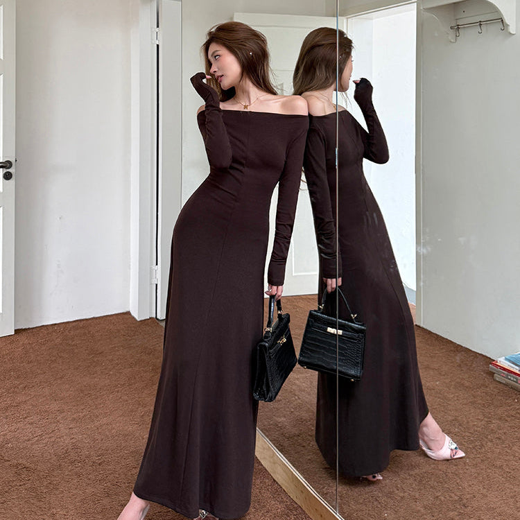 甜蜜巧克力優雅簡約一字肩長洋-25628