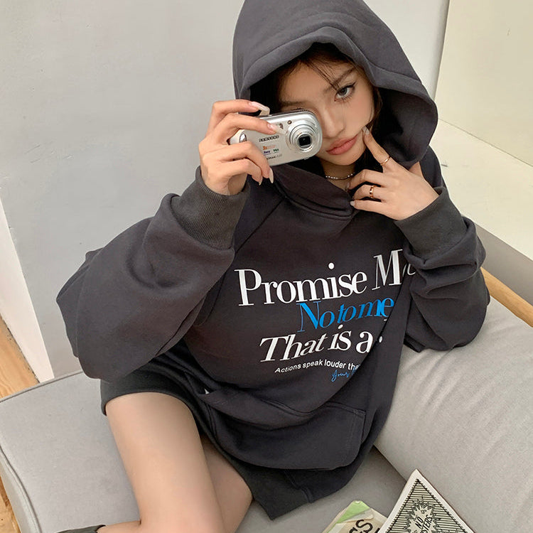 Promise Me深灰加絨連帽衛衣-25633