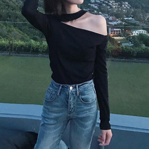 香香的女生斜肩露肩長袖上衣-21254