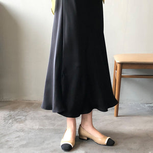 緞面垂墜感小開衩直筒長裙-22254