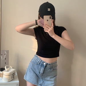 小腰姬圓領半袖短上衣-23045